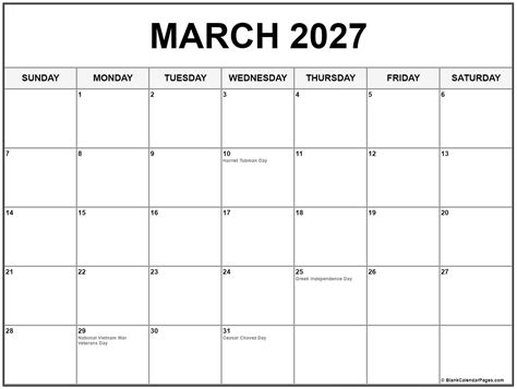 March 2027 with holidays calendar