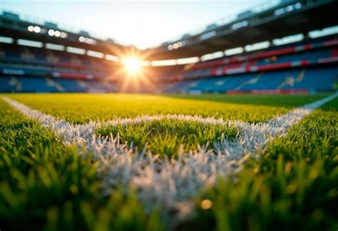 Soccer stadium during sunset with a green field and white lines | AI ...