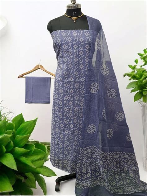 3 pc Pure Kota Doria Cotton Wax Batik Unstitched Salwar Suit - Leheriya.com