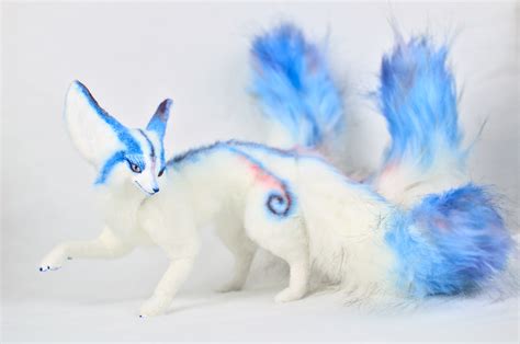 White blue kitsune, japanese spirit fox with three tails, fa | Inspire Uplift