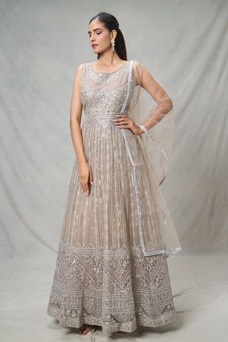 Buy Gold Net Dori, Lace, Sequin Round Neck Embroidered Anarkali With ...