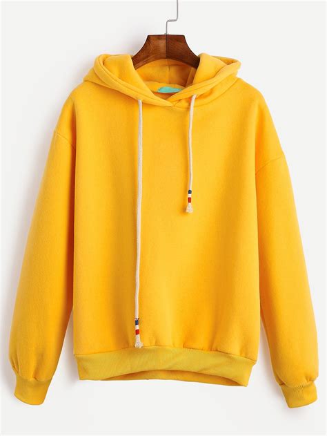 Shop Yellow Drop Shoulder Drawstring Hooded Sweatshirt online. SheIn ...