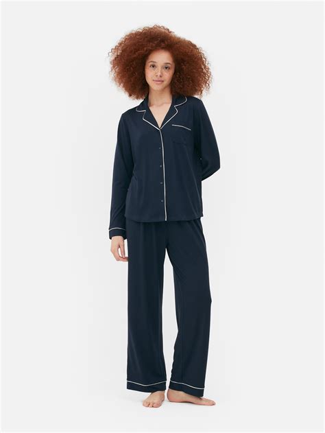 Women's Navy Jersey Knit Long Sleeve Boyfriend Pajama Set | Primark
