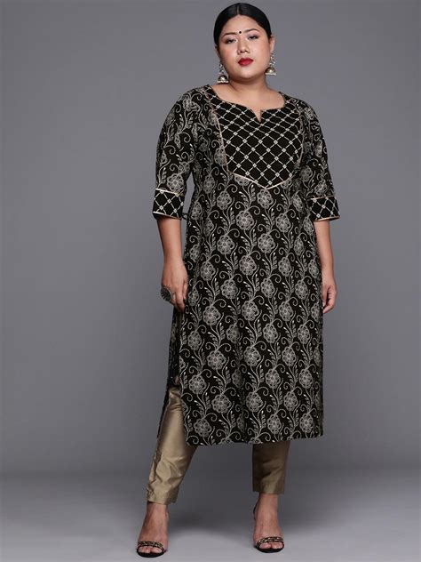Buy Plus Size Black Yoke Design Cotton Kurta Online | Libas