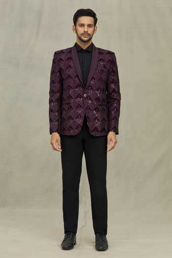 Buy Wine Velvet Sequins, Embroidery Diamond Blazer For Men by Arihant ...