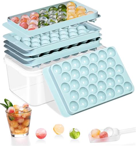 Ice Trays for Freezer, Silicone Ice Cube Tray with Lid and Bin, Round ...