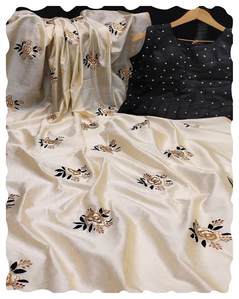 Buy Peachmode Women's Offwhite Floral Embroidered Silk Saree | 2024 ...