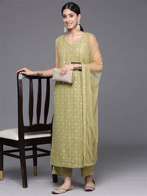 Buy Olive Embroidered Georgette Straight Kurta With Trousers & Dupatta ...