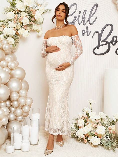 Loomaby Gender Reveal Dress Pregnant Women's Off Shoulder Long Sleeve ...