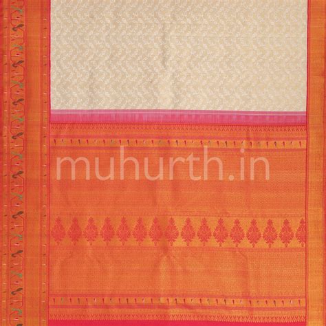 Off-White Kanjivaram Silk Saree with Red Shot Rose – Muhurth