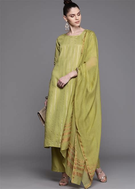 Get Gold Striped Olive Green Kurta With Palazzo & Dupatta Set at ₹ 2499 ...
