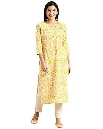 Monira Women's Yellow Pure Cambric Cotton Jaipuri Printed Kurti ...