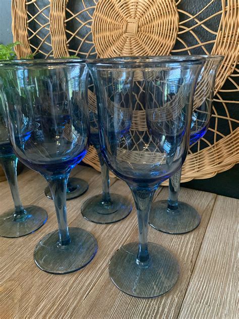 Vintage Blue Tulip Shaped Wine Glasses Set of Six Footed - Etsy