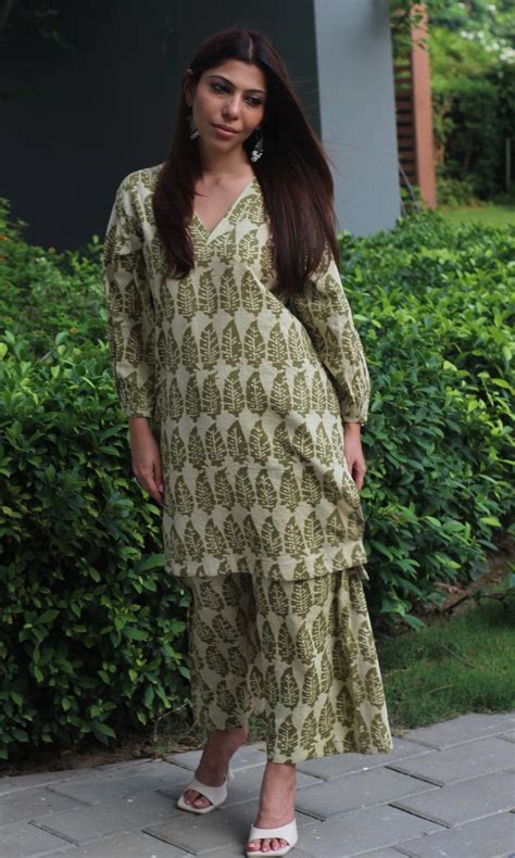 Cotton Kantha Handblock Mehendi Coord Set – Baareeki