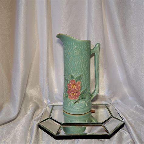 Beautiful Weller Vase With a Cherokee Rose and Twig Handle in Seafoam ...