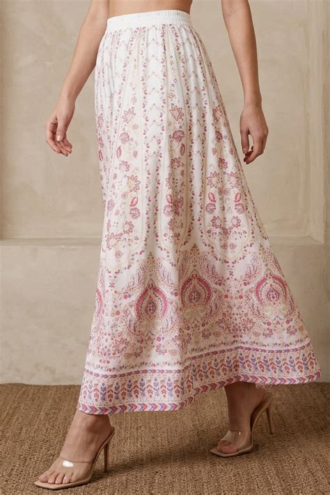 Buy White Ethnic Motifs Foil Printed Crepe Flared Ankle Length Skirt ...