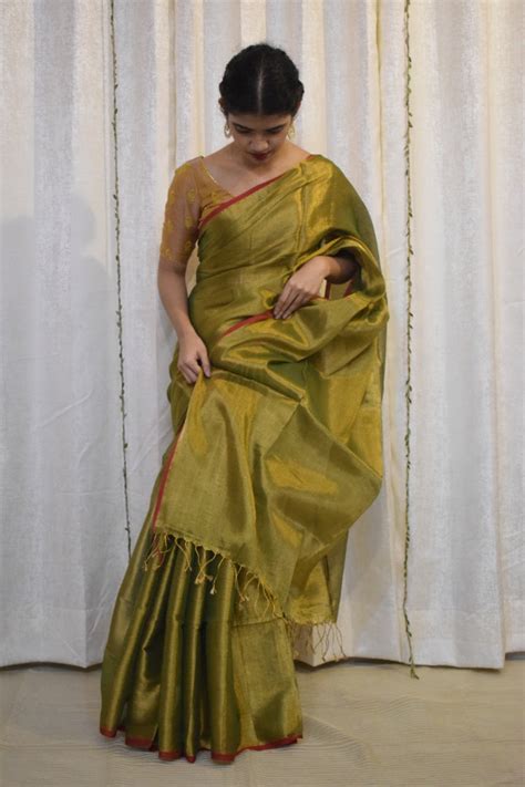 Amrapali: Olive Green Mul-Zari Tissue Saree – Ādhyavi