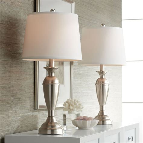 Regency Hill Modern Table Lamps Set of 2 Brushed Steel Metal White Drum ...