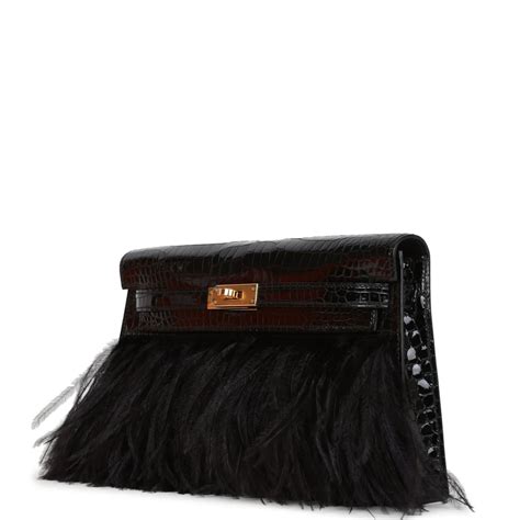 Hermès Kelly Elan Foile Noir Crocodile Leather and Ostrich Feathers Bag