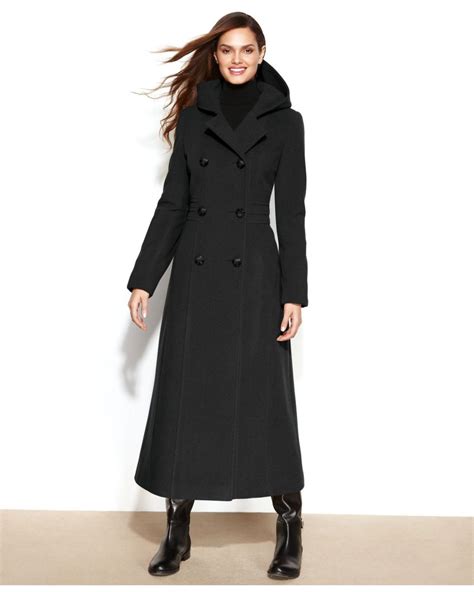 Anne Klein Double-Breasted Wool-Blend Hooded Maxi Coat in Black | Lyst