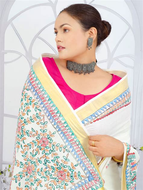 Kerala Cotton Madhubani Saree with Floral Design and Golden Zari Borde ...