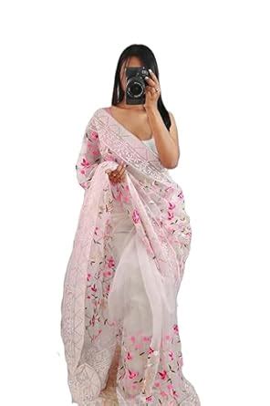 Buy Vinayak Textile Women's White Pink Color Organza Silk Net Saree ...