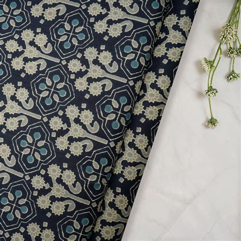 Buy (Pre Cut 3.85Mtr ) Navy Blue Color Hand Block Printed Cotton Fabric ...