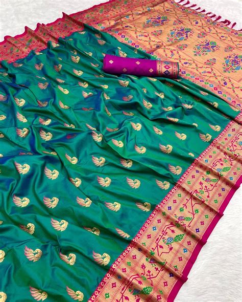 Denouement Rama Paithani Silk Saree With Confounding Blouse Piece ...