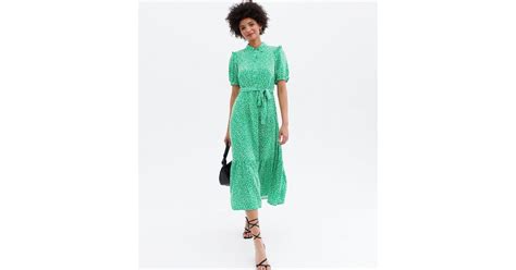 Green Mark Making Print Frill Belted Midi Shirt Dress | New Look