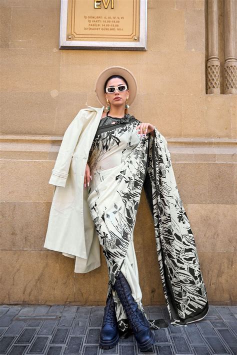 Black & White Print Satin Crepe Saree – Kumari Sarees