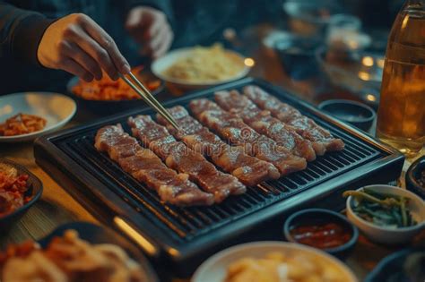 Sizzling Korean BBQ Feast Shared Around Tabletop Grill in Cozy Seoul ...