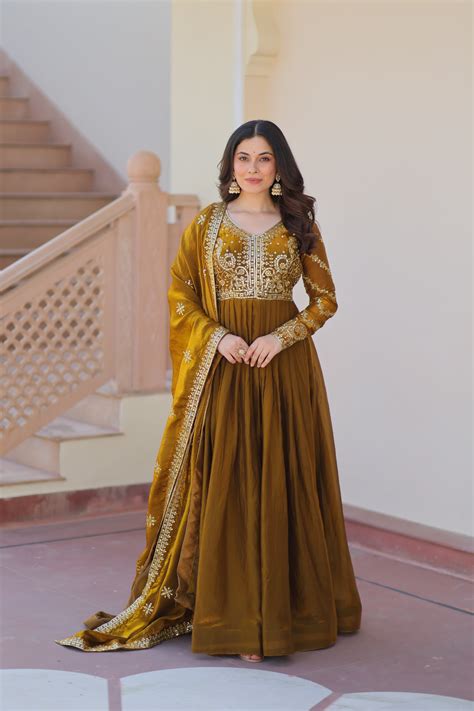 Mehndi Color Fendi Embroidered Gown – subhvastra