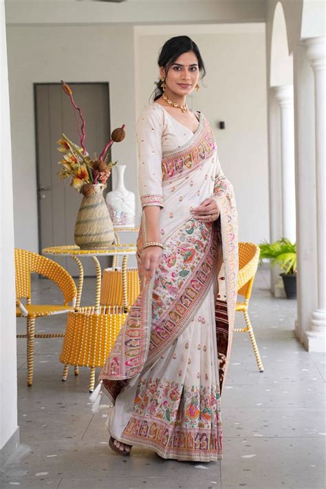 Designer White Color Pashmina Silk Saree With matching Blouse Piece ...