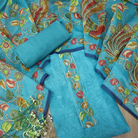 Saiyara Neelamber Blue with Kantha Embroidery Neck Work Chanderi Suit ...