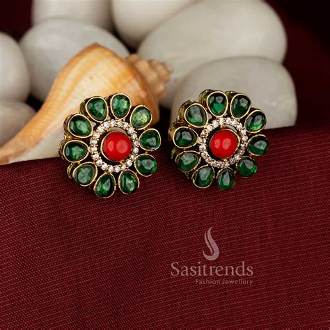 Victorian Pavalam Round Floral AD Stone Stud Earrings – Sasitrends