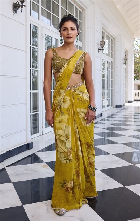 Keisha Draped Saree Set | Olive Green Saree – Kalista-Ind