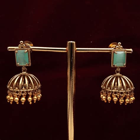 ANTIQUE GOLD PREMIUM AD SQUARE STONE JHUMKAS - MINT GREEN