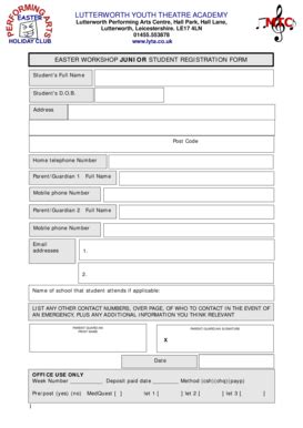 Fillable Online EASTER WORKSHOP JUNIOR STUDENT REGISTRATION FORM Fax ...