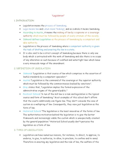 Legislation - Comprehensive Notes on Lawmaking Processes - Studocu