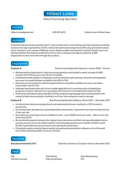 Image result for Data Processing Resume Examples