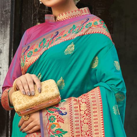 Turquoise Festive Wear Woven Paithani Silk Saree