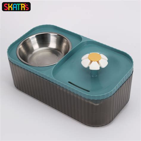 Skatrs Water Fountain with Food Bowl & Adapter for Dogs and Cats (Blue ...