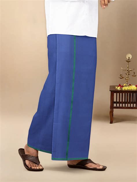 Men Cotton Blend Single Layer Blue Dhoti & Towel Set with Green Border ...