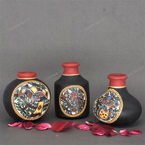 Black Warli Hand Painted Terracotta Pot - Set of 3 – Vintage Gulley