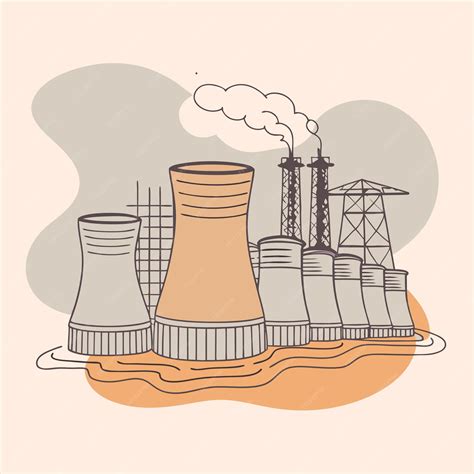 A drawing of a nuclear power plant with a power plant in the background ...