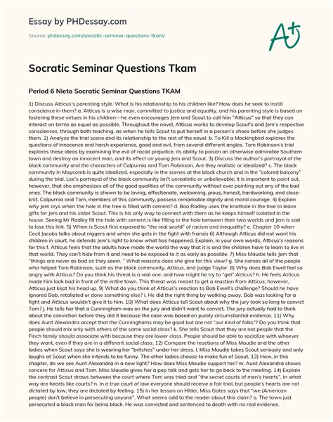 Socratic Seminar Questions Tkam Discussion Essay Example - PHDessay.com