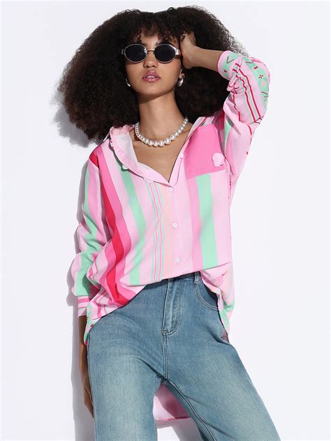 SHOWOFF Edition Women's Striped Pink Oversized Shirt with Chest Pocket