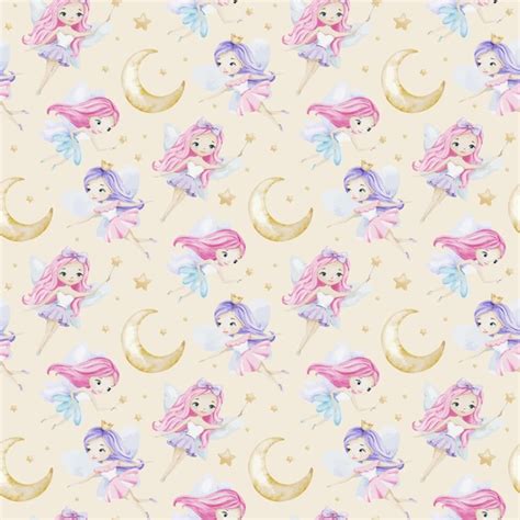 Cute little fairies crescent moons and stars childrens background ...