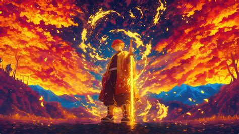 Zenitsu Agatsuma Wallpaper 4K, Fire effect, AI art