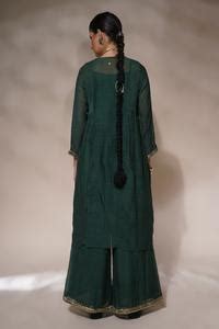 Buy Green 60 % Cotton Hand Embroidered Jenny A-line Pleated Panelled ...